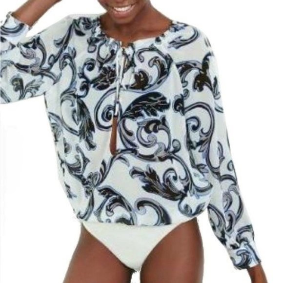 EXPRESS Tie Neck Sheer Blouse Bodysuit Deep V Neck - Picture 3 of 7